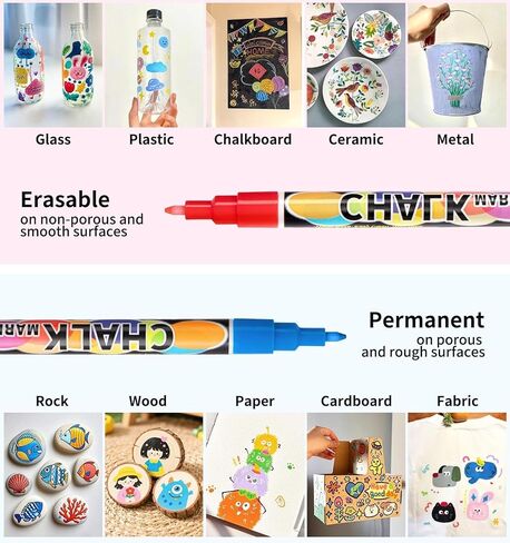 أقلام طباشير ذات أطراف دقيقة للغاية للسبورة والزجاج (عبوة من 24 قطعة، رأس 1 مم)، أقلام طباشير سائلة للوحة المسح الجاف، أقلام تلوين قابلة للغسل ورسم لسبورات الطباشير والنوافذ والبيسترو والسيارات واللافتات in Kuwait