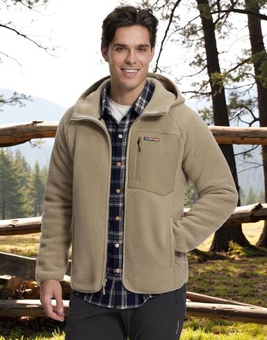 Pioneer Camp Men's Sherpa Fleece Full Zip Up Jacket with Hood Chest Pocket Winter Warm Thick Outwear Coat Hiking Climbing in Saudi Arabia