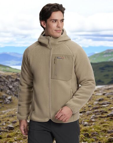 Pioneer Camp Men's Sherpa Fleece Full Zip Up Jacket with Hood Chest Pocket Winter Warm Thick Outwear Coat Hiking Climbing in Saudi Arabia