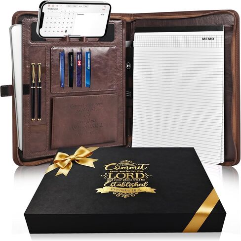 Leather Portfolio for Men, Christian Religious Gifts for Men with Laptop Pocket, Padfolio Binder Folder with Zipper for Women, Business Large Organizer Case for Bible Notebook Notepad Phone (Brown) in Kuwait