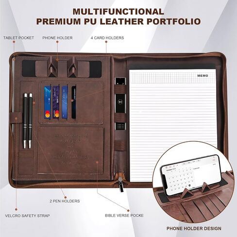 Leather Portfolio for Men, Christian Religious Gifts for Men with Laptop Pocket, Padfolio Binder Folder with Zipper for Women, Business Large Organizer Case for Bible Notebook Notepad Phone (Brown) in Kuwait