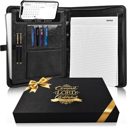Leather Portfolio for Men, Christian Religious Gifts for Men with Laptop Pocket, Padfolio Binder Folder with Zipper for Women, Business Large Organizer Case for Bible Notebook Notepad Phone (Brown) in Kuwait