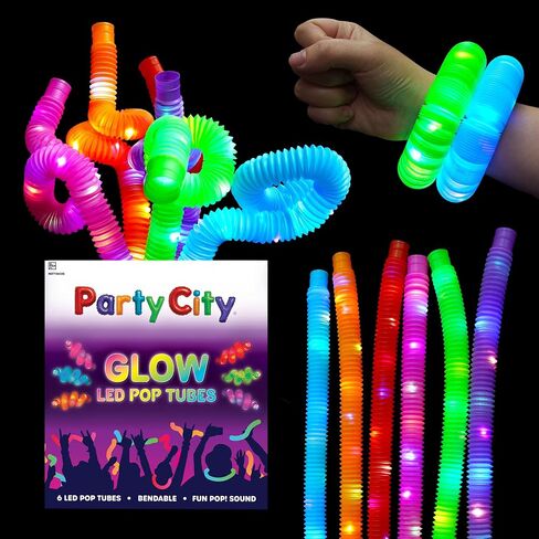 Party City 6pk LED Light Up Pop Tubes 25"- 3 Mode Stretchy Tubes LED Light Up Toys Bulk Glow Sticks Party Favors for Kids Necklaces Bracelets Neon Glow in the Dark Supplies Fidget Sensory Tube Pack in Saudi Arabia