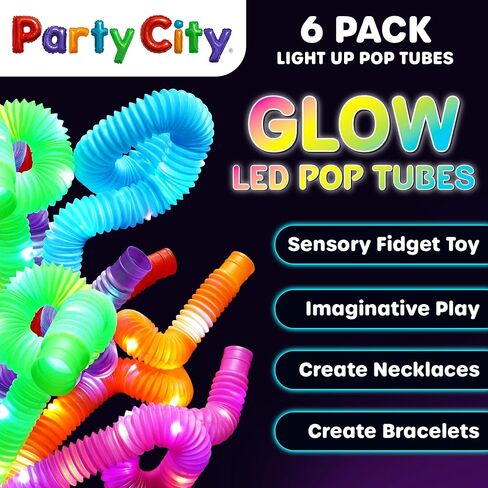 Party City 6pk LED Light Up Pop Tubes 25"- 3 Mode Stretchy Tubes LED Light Up Toys Bulk Glow Sticks Party Favors for Kids Necklaces Bracelets Neon Glow in the Dark Supplies Fidget Sensory Tube Pack in Saudi Arabia