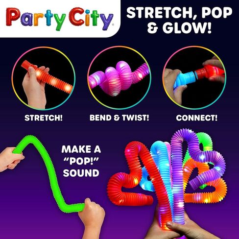 Party City 6pk LED Light Up Pop Tubes 25"- 3 Mode Stretchy Tubes LED Light Up Toys Bulk Glow Sticks Party Favors for Kids Necklaces Bracelets Neon Glow in the Dark Supplies Fidget Sensory Tube Pack in Saudi Arabia