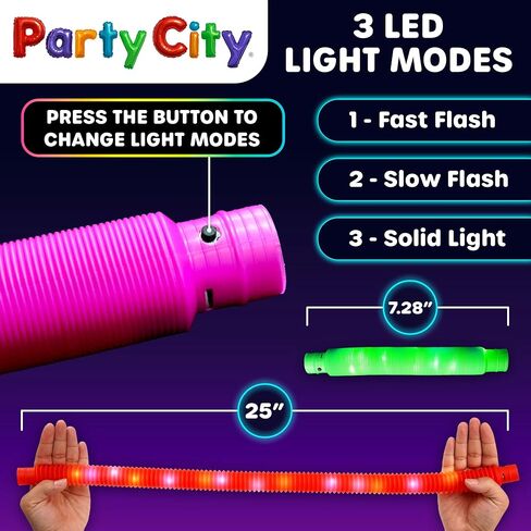 Party City 6pk LED Light Up Pop Tubes 25"- 3 Mode Stretchy Tubes LED Light Up Toys Bulk Glow Sticks Party Favors for Kids Necklaces Bracelets Neon Glow in the Dark Supplies Fidget Sensory Tube Pack in Saudi Arabia