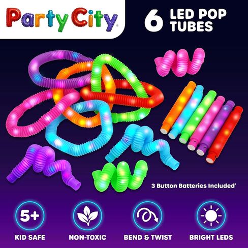 Party City 6pk LED Light Up Pop Tubes 25"- 3 Mode Stretchy Tubes LED Light Up Toys Bulk Glow Sticks Party Favors for Kids Necklaces Bracelets Neon Glow in the Dark Supplies Fidget Sensory Tube Pack in Saudi Arabia