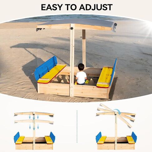 RUNSHED Kids Wooden Sandbox, Locking Lid, Canopy & Foldable Benches in Kuwait