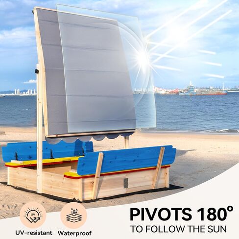 RUNSHED Kids Wooden Sandbox, Locking Lid, Canopy & Foldable Benches in Kuwait