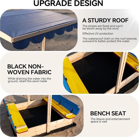 RUNSHED Kids Wooden Sandbox, Locking Lid, Canopy & Foldable Benches in Kuwait