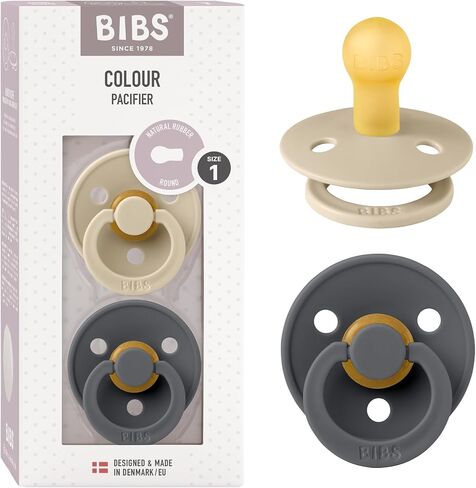BIBS Colour Baby Pacifier 2-Pack | Made in Denmark | BPA Free Dummy Soother, Round Nipple. Natural Rubber Latex, Size 3 (18+ Months), Vanilla/Dark Oak in Kuwait