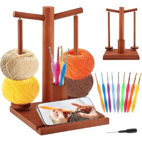 Wooden Yarn Holder - 9PCS Crochet Hooks, Magnetic 2-Spindle Spinner for Crocheting & Knitting | with Phone Stand & Hook Storage | Yarn Enthusiasts' Choice in Saudi Arabia