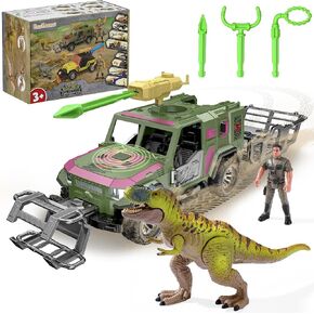 EKU Dinosaur Tow Truck with 10 Sounds, Launcher, Human, Chomping Velociraptor Figure, Push and Go Adventure Vehicle for Jurassic World Toys Pretend Play Gifts for Kids Boys Girls 3+ in Saudi Arabia