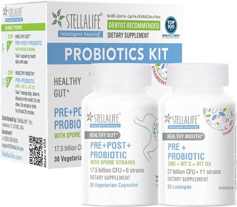 StellaLife Probiotics Oral & Gut Prebiotics Post Probiotics Kit: 9 Oral & 6 Gut Spore strains for Digestive & Dental Health, Bad Breath Treatment for Adults, Tongue Hygiene, Strawberry Flavor in Saudi Arabia