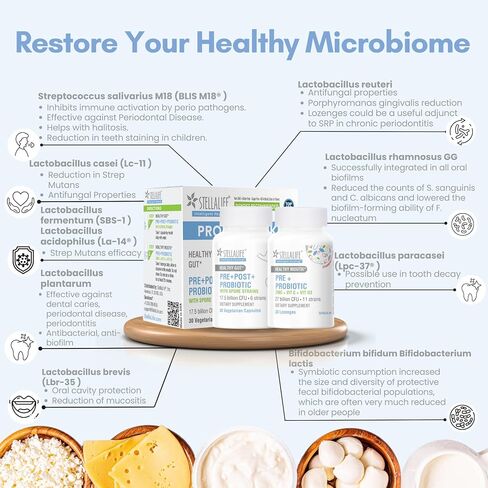StellaLife Probiotics Oral & Gut Prebiotics Post Probiotics Kit: 9 Oral & 6 Gut Spore strains for Digestive & Dental Health, Bad Breath Treatment for Adults, Tongue Hygiene, Strawberry Flavor in Saudi Arabia