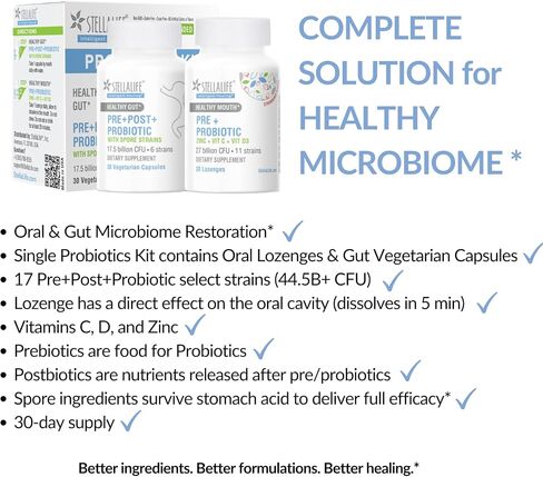 StellaLife Probiotics Oral & Gut Prebiotics Post Probiotics Kit: 9 Oral & 6 Gut Spore strains for Digestive & Dental Health, Bad Breath Treatment for Adults, Tongue Hygiene, Strawberry Flavor in Saudi Arabia