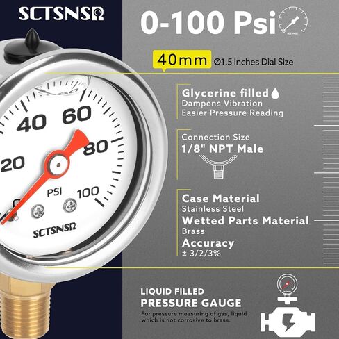 0-60 Psi Fuel Pressure Gauge, 1.5" Black Dial, 1/8" NPT Back Mount, Stainless Steel Case, Glycerin Liquid Filled, Inline Low Pressure Gauge, for Oil Water Air Pressure Test in Saudi Arabia