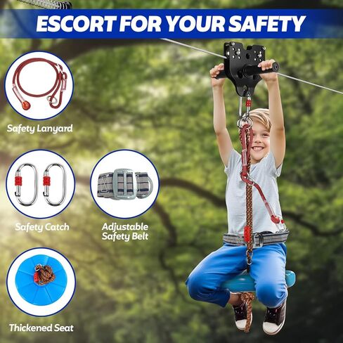 FAHKNS 160FT Zipline للأطفال والكبار في الفناء الخلفي: ما يصل إلى 400 رطل من عربة التصميم القابلة للإزالة المحدثة، مقعد سميك، حزام الأمان، مجموعات Zipline سريعة الشد للخارج in Kuwait