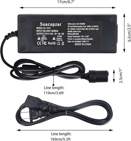 12V 10A Car Power Adapter Female Auto Cigarette Lighter Plug, AC 100-240V to DC 12V 10A 120W Power Supply Adapter AC to DC Converter Transformer for Car Powered Device in Kuwait