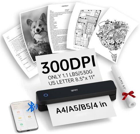 طابعة حرارية محمولة iDPRT، طابعات متنقلة صغيرة بدون حبر بتقنية البلوتوث 300 نقطة في البوصة، لاسلكية للسفر والمكتب والمركبات والاستخدام المنزلي، تدعم الحروف الأمريكية مقاس 8.5 بوصة × 11 بوصة، A4 A5، متوافقة مع iOS وAndroid وأجهزة الكمبيوتر الشخصية in Kuwait