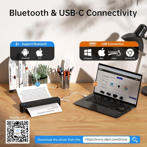 طابعة حرارية محمولة iDPRT، طابعات متنقلة صغيرة بدون حبر بتقنية البلوتوث 300 نقطة في البوصة، لاسلكية للسفر والمكتب والمركبات والاستخدام المنزلي، تدعم الحروف الأمريكية مقاس 8.5 بوصة × 11 بوصة، A4 A5، متوافقة مع iOS وAndroid وأجهزة الكمبيوتر الشخصية in Kuwait