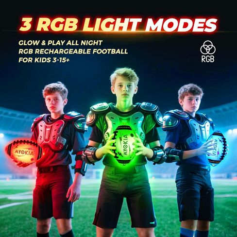 Light Up Football Birthday Gift for Kids & Teens 3-15+,RGB Rechargeable Glow in The Dark Ball with Pump & USB Cable, Tri-Color (Red, Green, Blue), Size 6, Outdoor Night Games in Saudi Arabia