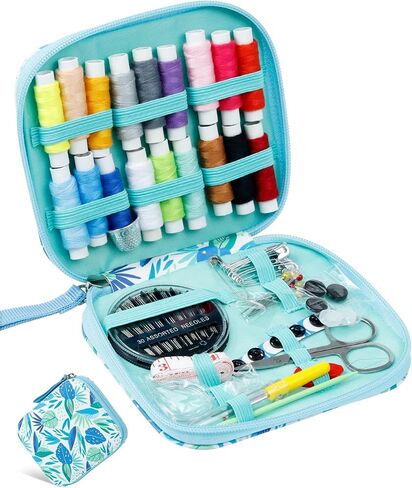 Sewing Kit for Adults with Scissors,Sewing Needles,Thimble,Thread,Tape Measure etc(Blue Leaf Print) in Saudi Arabia