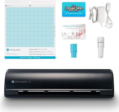 حزمة Silhouette Cameo 4 باللون الأسود مع مجموعة أدوات الفينيل للمبتدئين، ومجموعة أدوات نقل الحرارة، و2 Autoblade-2، ومجموعة أدوات CrafterCuts المصنوعة من الفينيل، و120 تصميمًا، وإمكانية الوصول إلى الكتب الإلكترونية والبرامج التعليمية والفصول الدراسية. in Kuwait