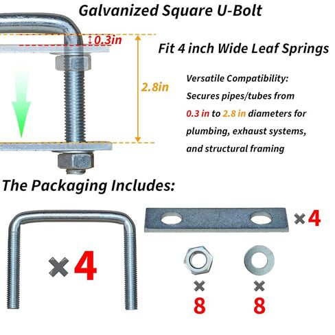 4 قطع من البراغي المربعة على شكل حرف U للمقطورة - مجموعة المشابك الفولاذية المجلفنة، تناسب نوابض أوراق عريضة مقاس 2/2.5/3/3.5/4 بوصة، مسمار على شكل U بقطر كبير شديد التحمل 0.5 بوصة (عرض داخلي 2 بوصة) in Kuwait