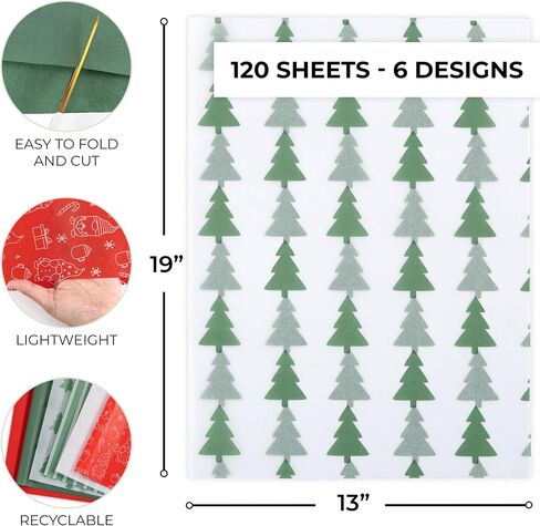 ZICOTO Beautiful Christmas Tissue Wrapping Paper Sheets for Gift Bags - Set of 120 Quality Tissue Papers with 6 Festive Designs - Add a Touch of Magic to Every Gift You Wrap - 19 x 13 in Per Sheet in Saudi Arabia