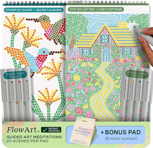 Lifelines FlowArt Activity Pad, 2-Pack & Bonus Pad - Guided Dot Art Meditations with Markers - Dot-by-Letter & Stamp-by-Shape Coloring Books for Tweens, Adults & Seniors in Kuwait
