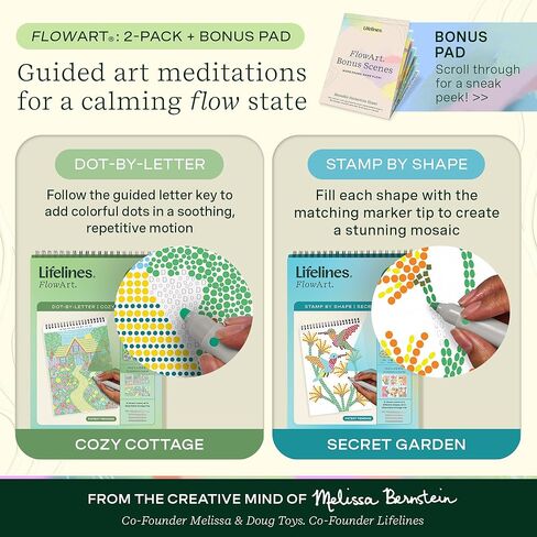 Lifelines FlowArt Activity Pad, 2-Pack & Bonus Pad - Guided Dot Art Meditations with Markers - Dot-by-Letter & Stamp-by-Shape Coloring Books for Tweens, Adults & Seniors in Kuwait
