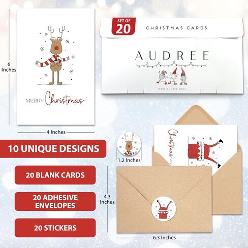 بطاقات عيد الميلاد من AUDREE مع مغلفات وملصقات مطابقة (20 حزمة 4 × 6 بوصات) - مجموعة متنوعة من بطاقات العطلات المعبأة - مثالية لبطاقات العطلات السعيدة، وبطاقة عيد الميلاد - فكرة هدية مدروسة للأصدقاء والعائلة in Kuwait