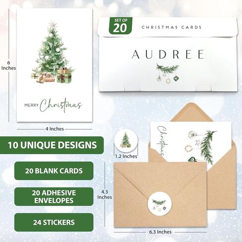 بطاقات عيد الميلاد من AUDREE مع مغلفات وملصقات مطابقة (20 حزمة 4 × 6 بوصات) - مجموعة متنوعة من بطاقات العطلات المعبأة - مثالية لبطاقات العطلات السعيدة، وبطاقة عيد الميلاد - فكرة هدية مدروسة للأصدقاء والعائلة in Kuwait