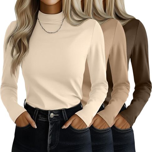 Ficerd 3 Pack Women's Mock Turtleneck Shirts, Long Sleeve Mock Neck Pullover Tops Slim Fitted Stretch Undershirt Tee Blouse in Kuwait
