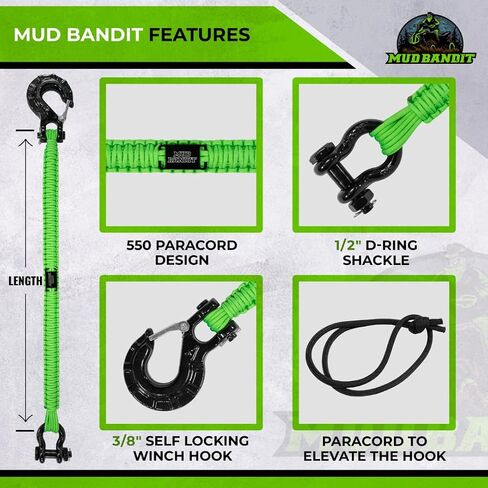 Custom Paracord ATV UTV Recovery Strap with Winch Hook and D Ring Shackle, Tow Rope for Four Wheeler, Quad, Side by Side, Premium Mudding Accessories in Saudi Arabia
