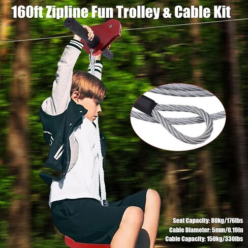 160 Ft Zip Line Kit for Kids & Adults | Heavy-Duty Outdoor Adventure Zipline with Stainless Steel Brake | Safe for Ages 3+ | Ideal for Backyard Fun, Parks, Camping & Thrill-Seeking in Kuwait