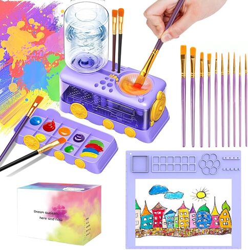 Paint Brush Cleaning Kit for Kids with 5 Brushes, Art Smock, Washable Mat, Guidebook, Spiral Brush Cleaner Jar for Watercolor(Purple) in Saudi Arabia