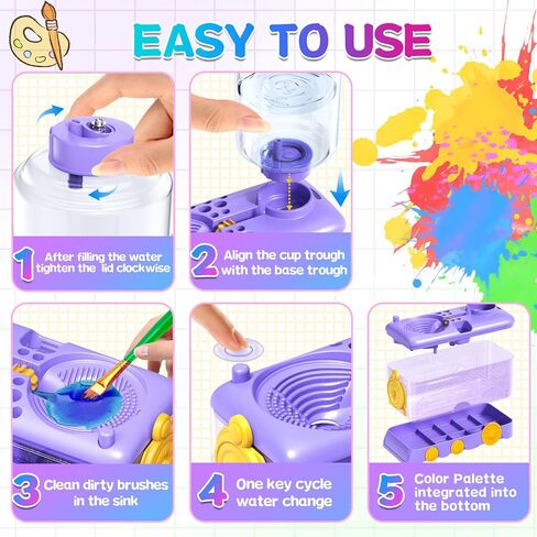 Paint Brush Cleaning Kit for Kids with 5 Brushes, Art Smock, Washable Mat, Guidebook, Spiral Brush Cleaner Jar for Watercolor(Purple) in Saudi Arabia