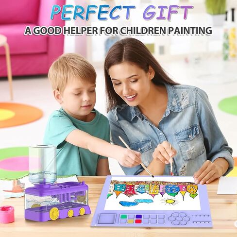 Paint Brush Cleaning Kit for Kids with 5 Brushes, Art Smock, Washable Mat, Guidebook, Spiral Brush Cleaner Jar for Watercolor(Purple) in Saudi Arabia