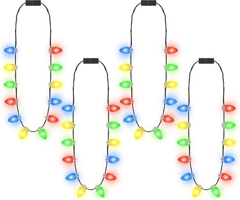 4 PCS Christmas Party Favors, 3 Modes Light Up Christmas Necklace with 12 Glow Bulbs, LED Christmas Light Necklace, Colorful Xmas Bulb Necklaces Decor for Ugly Sweater New Year Family Party Supplies in Saudi Arabia