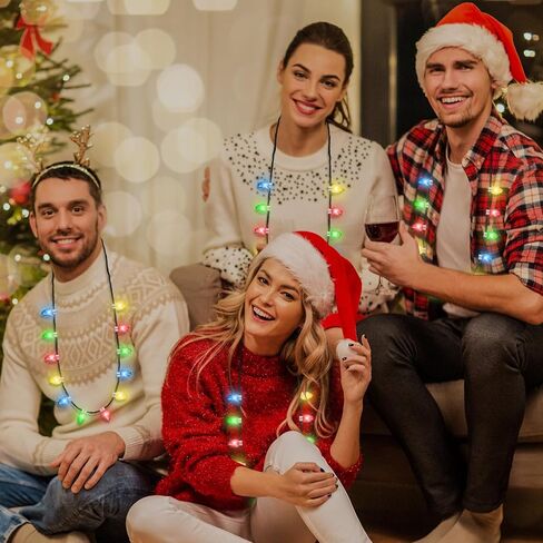 4 PCS Christmas Party Favors, 3 Modes Light Up Christmas Necklace with 12 Glow Bulbs, LED Christmas Light Necklace, Colorful Xmas Bulb Necklaces Decor for Ugly Sweater New Year Family Party Supplies in Saudi Arabia