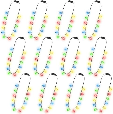4 PCS Christmas Party Favors, 3 Modes Light Up Christmas Necklace with 12 Glow Bulbs, LED Christmas Light Necklace, Colorful Xmas Bulb Necklaces Decor for Ugly Sweater New Year Family Party Supplies in Saudi Arabia