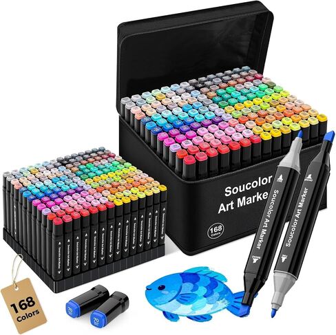 أقلام تحديد كحول Soucolor 168 لونًا مع حافظة وحاملات، وإزميل ذو أطراف مزدوجة وأقلام رسم فنية دقيقة لتلوين البالغين ورسم الأطفال، ومستلزمات فنية لأقلام التحديد الفنية لمزج الرسم in Kuwait