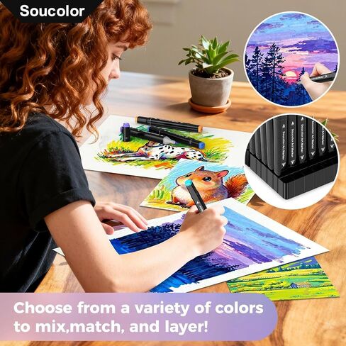 أقلام تحديد كحول Soucolor 168 لونًا مع حافظة وحاملات، وإزميل ذو أطراف مزدوجة وأقلام رسم فنية دقيقة لتلوين البالغين ورسم الأطفال، ومستلزمات فنية لأقلام التحديد الفنية لمزج الرسم in Kuwait