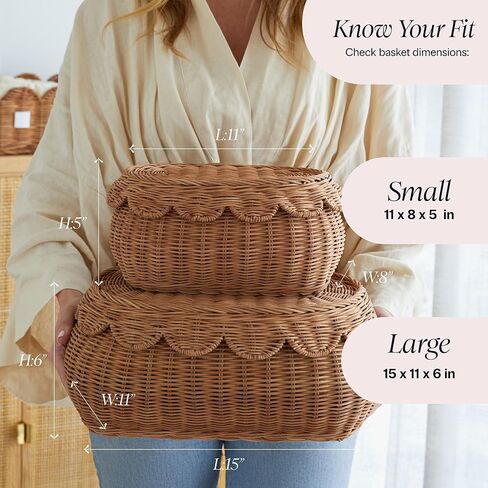 مجموعة سلال الروطان المنسوجة يدويًا - 15 × 10 × 6 بوصة - سلال صغيرة صدفية - سلة خوص مستديرة - سلة تخزين خوص - سلة روطان بغطاء in Kuwait