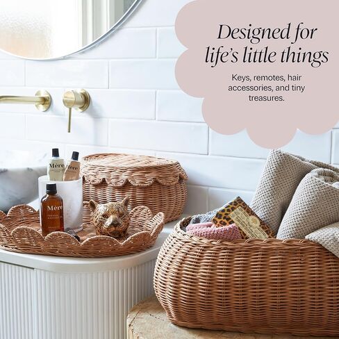 مجموعة سلال الروطان المنسوجة يدويًا - 15 × 10 × 6 بوصة - سلال صغيرة صدفية - سلة خوص مستديرة - سلة تخزين خوص - سلة روطان بغطاء in Kuwait