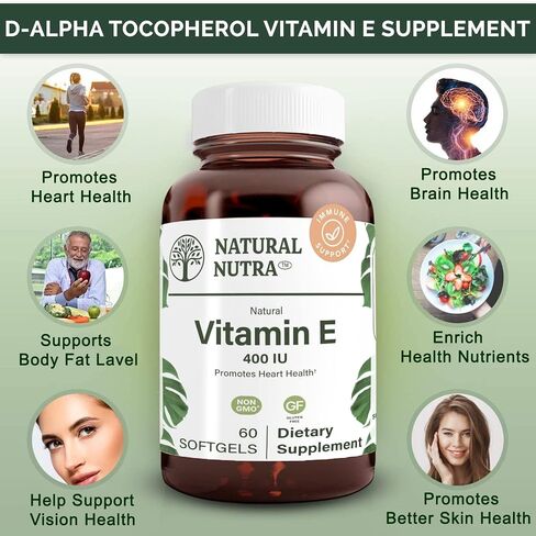 Natural Nutra Vitamin E 200 IU Supplement for Skin, Hair and Nails, Promote Heart Health, Helps to Prevent Damaged Skin, Promoted Immune System, Gluten Free, 60 Softgels in Saudi Arabia