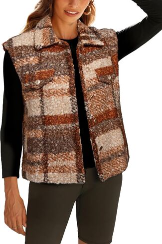 Glamaker Womens Faux Fur Plaid Vest Fall Button Up Fuzzy Casual Sleeveless Outerwear Jacket with Pockets in Saudi Arabia