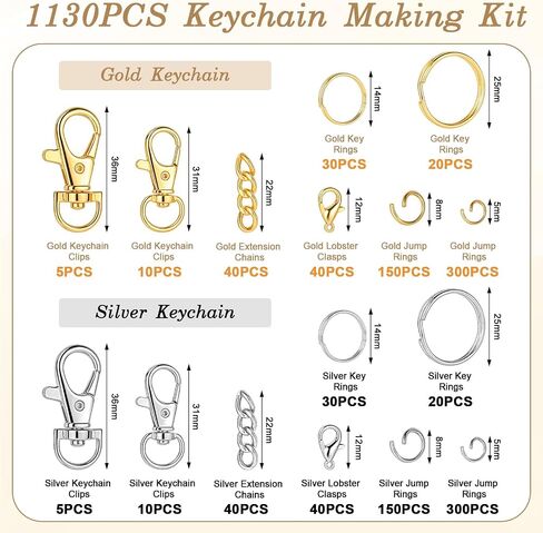 BESARME 1130PCS Keychain Making Kit Jump Rings for Jewelry DIY Key chain Supplies with Keyrings Bulk, Metal Lobster Claw Clasp, Swivel Snap Hook, Extender Chain for Crafts Accessories（Gold and Silver） in Kuwait